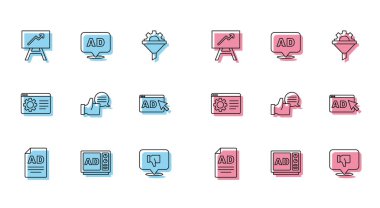 Satır Reklamcılığını ayarla, Grafik grafikli tahta, Konuşma baloncuğu sevmeme, Müşteri ürün derecesi, Tarayıcı ayarları ve simge. Vektör