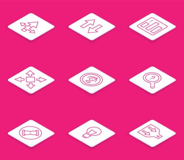 Satır Arrow, Pie grafik bilgisi, birçok yönden yön oku, dijital hız ölçer, bilinmeyen arama, kum ve ampul ikonlu eski kum saati. Vektör