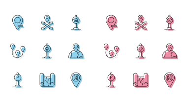 Çizgi parkı, katlanmış harita, konum, helikopter iniş pisti, çapraz hastane, dünya, güzergah konumu ve simgesi. Vektör