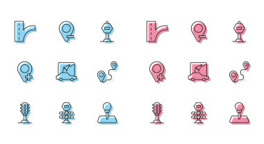 Hat ışığı, yol bariyeri, trafik levhası, pin, şehir haritası navigasyonu, rota konumu, konum ve simge ayarlayın. Vektör