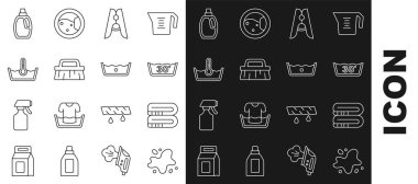 Hat su dökülmesi, havlu yığını, ısı temizleme, mandal, temizlik fırçası, şişe ajanı ve ikon. Vektör