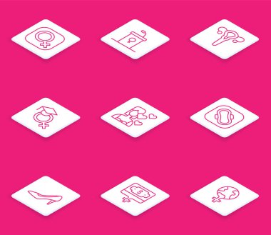 Kadın cinsiyeti, münazara kürsüsü, üreme sistemi, öğretmen, kendinizi sevin, hijyenik peçete, kadın ayakkabı ve para yetiştirme ikonu. Vektör