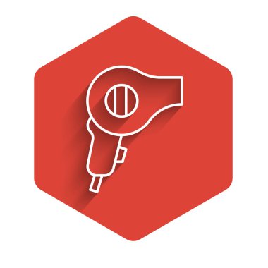 Uzun gölgeli beyaz çizgi saç kurutma ikonu. Saç kurutma makinesi tabelası. Saç kurutma sembolü. Sıcak hava üflüyor. Kırmızı altıgen düğmesi. Vektör.