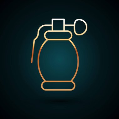 Altın çizgili el bombası ikonu koyu mavi arka planda izole edilmiş. Bomba patlaması. Vektör.