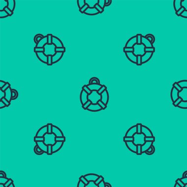 Mavi çizgi Lifebuoy simgesi yeşil arka planda kusursuz desen izole etti. Can simidi sembolü. Vektör