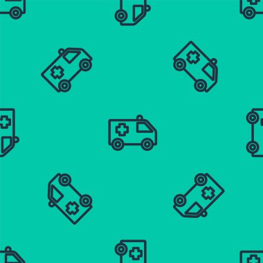 Mavi hat ambulansı ve acil durum ikonu yeşil arka planda izole edilmiş pürüzsüz desen. Ambulans aracı tıbbi tahliye. Vektör