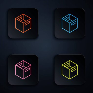 Renkli neon çizgi karton kutu simgesi siyah arkaplanda izole edildi. Kutu, paket, paket işareti. Teslimat ve ambalaj. Kare düğmelere simgeleri yerleştir. Vektör