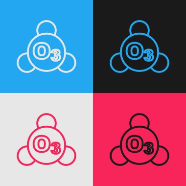 Pop Art Line Ozone molekül ikonu renk arkaplanında izole edildi. Ozon, O3, trioksijen, inorganik molekül. Yapısal kimyasal formül ve molekül modeli. Vektör