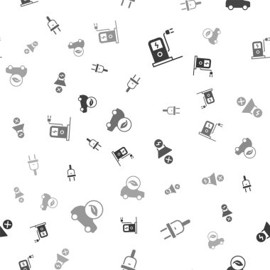 Elektrikli araba şarj istasyonunu, fişi, motoru ve Eco 'yu kusursuz bir şablona ayarla. Vektör