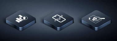 Isometric Finansal büyüme, grafik grafikli belge ve mobil hisse senedi simgesini ayarla. Vektör