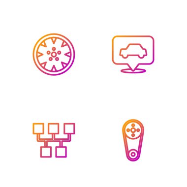 Hat zamanlayıcı kiti, vites kolu, Alaşımlı tekerlek ve araba servisi. Renk simgeleri. Vektör