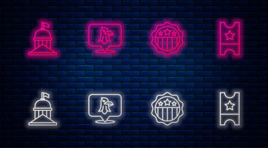 Set hattı Eagle, ABD Bağımsızlık Günü, Beyaz Saray ve Beyzbol bileti. Tuğla duvarda parlayan neon simgesi. Vektör