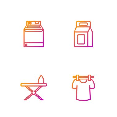 İpi kurulama, ütü ve ütü masası, çamaşır ve deterjan olarak ayarla. Renk simgeleri. Vektör