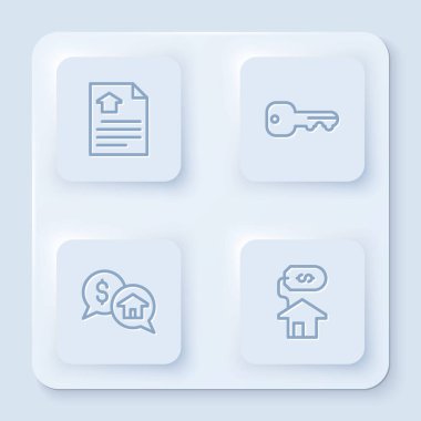 Ev sözleşmesi, anahtar, fiyat pazarlığı ve dolar. Beyaz kare düğme. Vektör