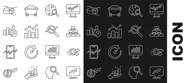 Set Line Croissance Financière Gestion Temps Organogramme Hiérarchie Globe Recherche — Image vectorielle