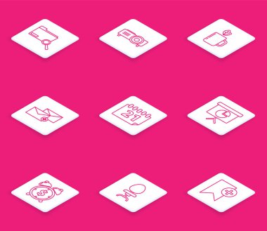 Dosya, Zarf, Takvim, finans kurulu grafiği, çizelge, şema, bilgi grafiği, pasta grafiği, alarm saati sembolü ve ofis sandalye simgesi ile satır arama kavramını ayarla. Vektör