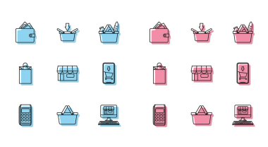 Pos terminali, alışveriş sepeti, içinde yığınla para olan cüzdan, ekran bilgisayarı, ya da market, cep telefonu ve alışveriş arabası, kağıt torba ve ikon. Vektör