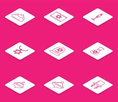 Yahudi pastanesi, İsrail bayrağı, şamdanda yanan mum zincirli Star David kolyesi, yıldız David 'li Tombstone para çantası, Hanuka dreidel ve ikonu. Vektör