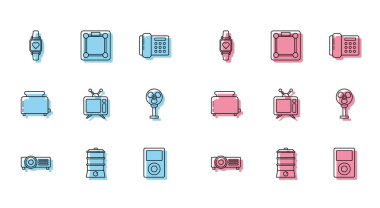 Set hattı, çift kazan, kalp atış hızını gösteren akıllı saat, müzik çalar, televizyon, elektrik vantilatörü, tost makinesi ve banyo ikonu. Vektör