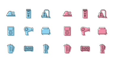 Ölçme kabı, dijital alarm saati, elektrikli ütü, blender, saç kurutma makinesi, tost makinası, müzik çalar ve uzaktan kumanda ikonu. Vektör