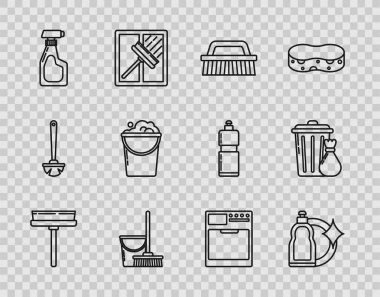 Cırcır böceği, sıvı bulaşık deterjanı için plastik şişeler, fırça temizliği, temizlik kovası deterjanı, deterjanla temizlik spreyi, köpük kovası, çamaşır makinesi ve çöp poşeti ikonu. Vektör