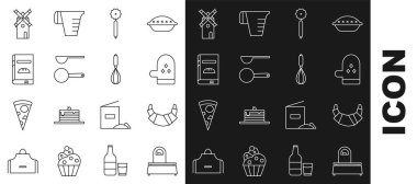 Çizgi ölçeği, kruvasan, fırın eldiveni, pizza bıçağı, ölçü kaşığı, yemek kitabı, yel değirmeni ve mutfak çırpıcı ikonu. Vektör