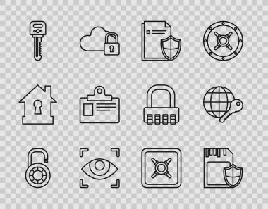 Hat şifreli kilit, hafıza kartı ve kalkan, belge koruma konsepti, göz taraması, anahtar, kimlik kartı ve Globe anahtar simgesi. Vektör