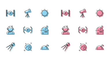 Uydu hattı, Dünya küresi, Kozmik gemi, bayraklı gezegen, Astronomik gözlemevi, Astronot ve Teleskop ikonu. Vektör