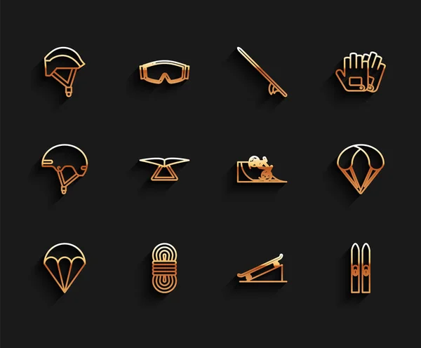 Set line Parachute, Climber rope, Bicycle helmet, Skateboard on street ramp, Ski and sticks, Hang glider,  and  icon. Vector