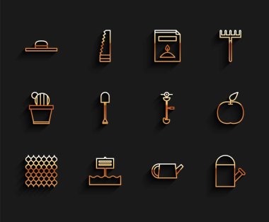 Çizgi çit ahşabı, boş tabela tahtası, işçi şapkası, su kovası, kürek, elma ve çim ve ot teli budayıcı ikonu. Vektör