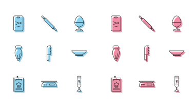 Yemek kitabı, elektronik teraziler, kesme tahtası, blender, ekmek bıçağı, kekler için kase, pasta poşeti ve Rolling pin ikonu. Vektör