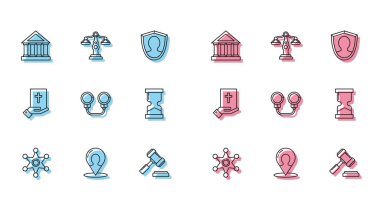 Hat Hexagram Şerifi, silueti olan harita işareti, Adliye Binası, Yargıç tokmak, kelepçe, Eski kum saati, Kutsal İncil ve adalet simgesi. Vektör