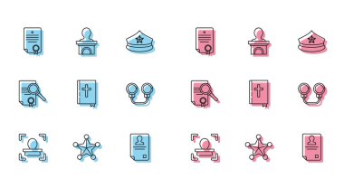 Yüz tanıma programı, Hexagram şerifi, sertifika şablonu, kimlik kartı, kutsal kitap, kelepçe, arama ve sahne standı olan belge ya da podyum kürsü ikonu. Vektör