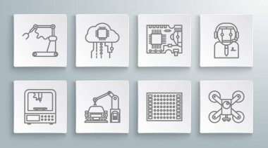 3D yazıcı, internet, endüstriyel makine robot kolu, baskılı PCB, aksiyon kameralı İHA, İşçi ve fabrika ikonu. Vektör
