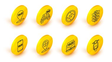 Hat Scooter, dizüstü bilgisayar taksi servisi, harita işaretleyici, taksi telefonu, trafik ışığı, pusula, araba ve simge. Vektör