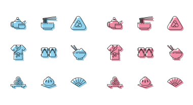 Kesme tahtasına, kağıt çine ya da Japon katlama vantilatörüne geleneksel ayakkabı, çubuklu pirinç kasesi, kostüm kimonosu ve Asya eriştesi ve yemek çubuğu ikonu. Vektör