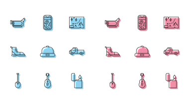 Kürek, Gitar, Sinema kamerası, Lighter, Beanie şapkası, kamyonet, yürüyüş botu ve şehir haritası ikonu. Vektör