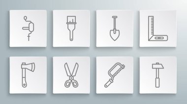 Çizgi, tahta balta, boya fırçası, makas, testere, çekiç, kürek, köşe cetvel ve el matkabı ikonu. Vektör