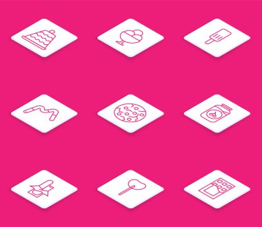 Çizgili kek, kasede dondurma, jöleli solucan şekeri, kurabiye bisküvisi, kiraz reçel kavanozu, çikolatalı çikolata ve lolipop ikonu. Vektör