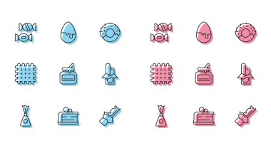 Set hattı Candy, kek dilimi, ısırık çikolatası, kavanoz balı, çikolata, bisküvi ve yumurta ikonu. Vektör