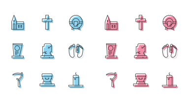 Tırpan, Tabut, Kilise binası, yanan mum mezar taşlı eski mezar, ceset, mezar taşı ve Hıristiyan haç simgesi. Vektör