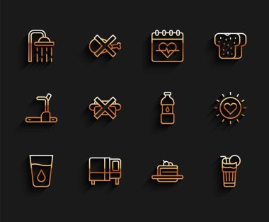 Su, yatak, duş başlığı, kek, taze smoothie, abur cubur yok, güneş ve bir şişe ikon. Vektör