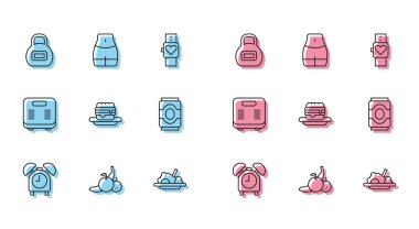 Alarm saatini, Fruit 'i, Kettlebell' i, sağlıklı yiyeceği, Junk 'ı, Soda kutusunu, banyo terazisini ve kadın bel simgesini ayarla. Vektör