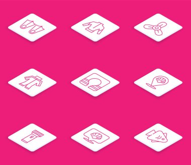 Çizgili lastik yüzgeçler, dalış kıyafeti, tekne pervanesi, türbin, can yeleği, deniz kabuğu, el feneri ve ikon. Vektör