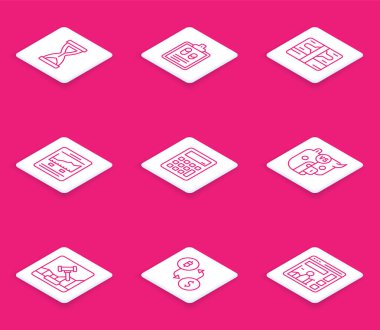 Eski kum saati, kağıt para yığını, büyüme grafiği, hesap makinesi, borsa Bull ve ayısı, internet açık artırması ve kripto döviz simgesi olan web sitesi. Vektör