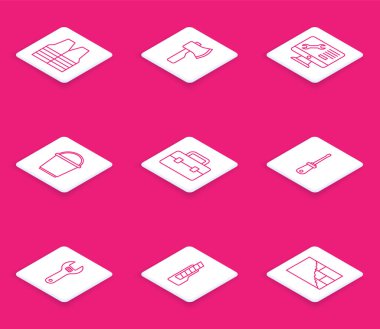 Hat güvenliği yeleği, tahta balta, bilgisayar monitör servisi, kova, alet çantası, tornavida, ayarlanabilir anahtar ve kırtasiye bıçağı ikonu. Vektör