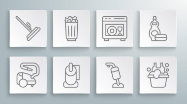 Elektrik süpürgesi, çöp tenekesi, tuvalet kağıdı sabun köpüklü leğen, bulaşık makinesi, bulaşık deterjanı şişesi ve paspas ikonu. Vektör