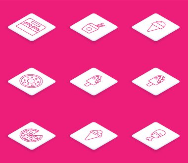 Hazır kahve fincanı, Asya eriştesi ve çubuğu waffle külahında dondurma, Donut, Pizza ve ikon. Vektör