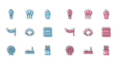 Dönme dolap, çarpışan araba, sıcak hava balonu, Sihirbaz şapkası ve tavşan kulakları, İskambil kağıdı tutan el, Fast Street yemek arabası, Festive maske ve kurdele ikonlu balonlar. Vektör