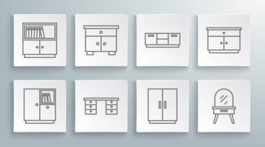 Gardırop, mobilya sehpası, ofis masası, soyunma masası ve kütüphane kitaplığı ikonu. Vektör